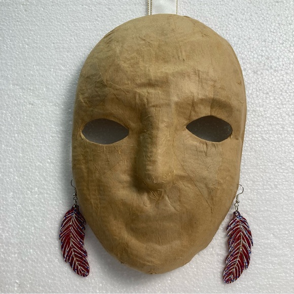 One-of-a-Kind Hand Painted Wooden Feather Earrings - Red and Blue Fall Colors - Picture 8 of 9